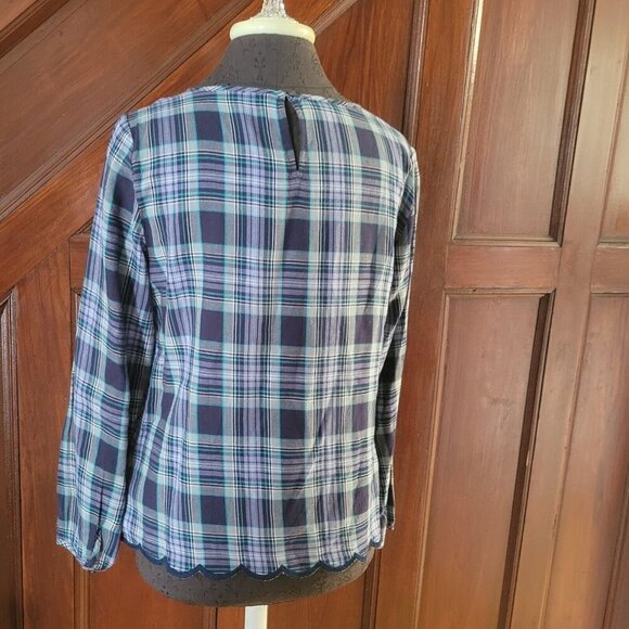 Talbots Plaid Scalloped Trim Floral Embroidered Top Blouse Size S Blue Purple - Picture 4 of 8